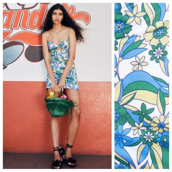 🌹NWT. Zara Blue/Green Floral Print Cut-Out Mini Dress. Size XL. - Picture 1 of 11